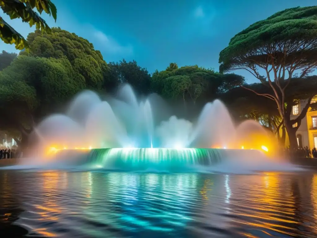 Instalación de arte contemporáneo en Uruguay con energía hidráulica, esculturas vibrantes iluminadas por agua y luz en entorno verde y moderno