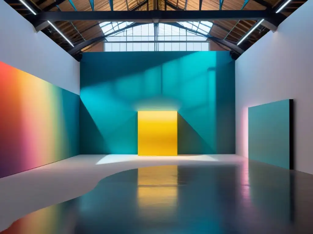 Instalación de arte contemporáneo en espacio alternativo, colores vibrantes y elementos interactivos