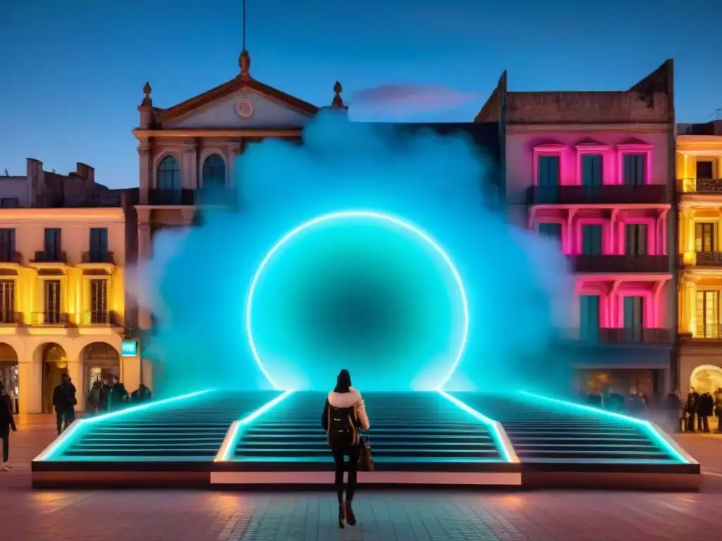 Instalación de arte contemporáneo en Uruguay con formas geométricas suspendidas y luces neón vibrantes, interactuando con la ciudad de noche