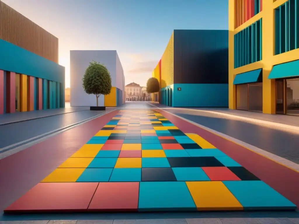 Una instalación de arte contemporáneo con piezas de juegos y juguetes inspirados en modernismo y cubismo en una plaza de Uruguay al atardecer