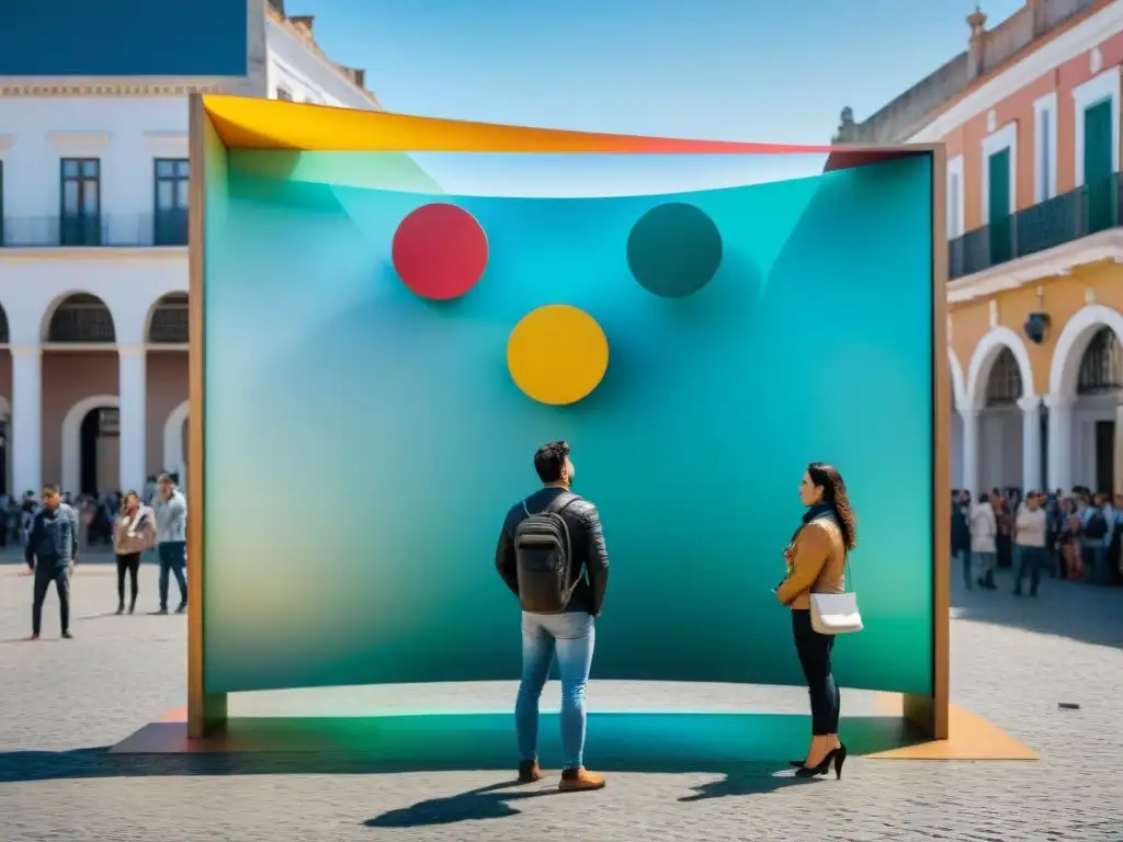 Instalación de arte contemporáneo en plaza urbana de Uruguay con formas geométricas y colores vibrantes