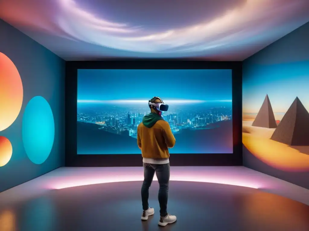 Instalación de arte en RV uruguaya: colores vibrantes y formas geométricas Instalación de arte contemporáneo uruguayo en realidad virtual con colores vibrantes y formas geométricas intrincadas