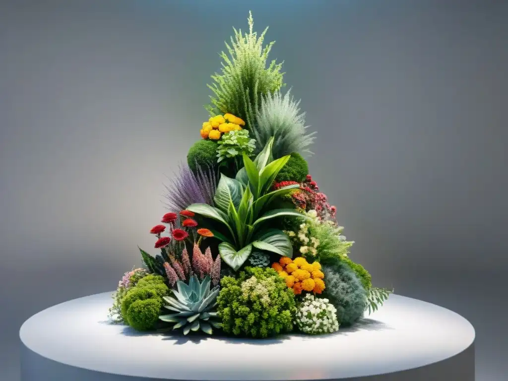 Una instalación de arte contemporáneo uruguayo con materiales vivos, un escultura de plantas y flores vibrantes y coloridas