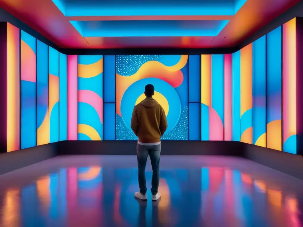 Instalación de arte contemporáneo uruguayo en la era digital con patrones abstractos y colores vibrantes contra un telón futurista y luces neón