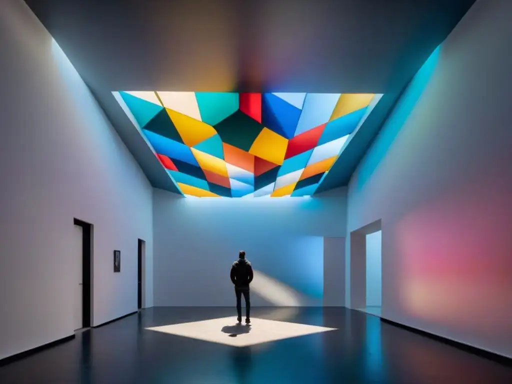 Instalación de arte contemporáneo uruguayo impacto cultural con formas geométricas coloridas suspendidas en galería moderna