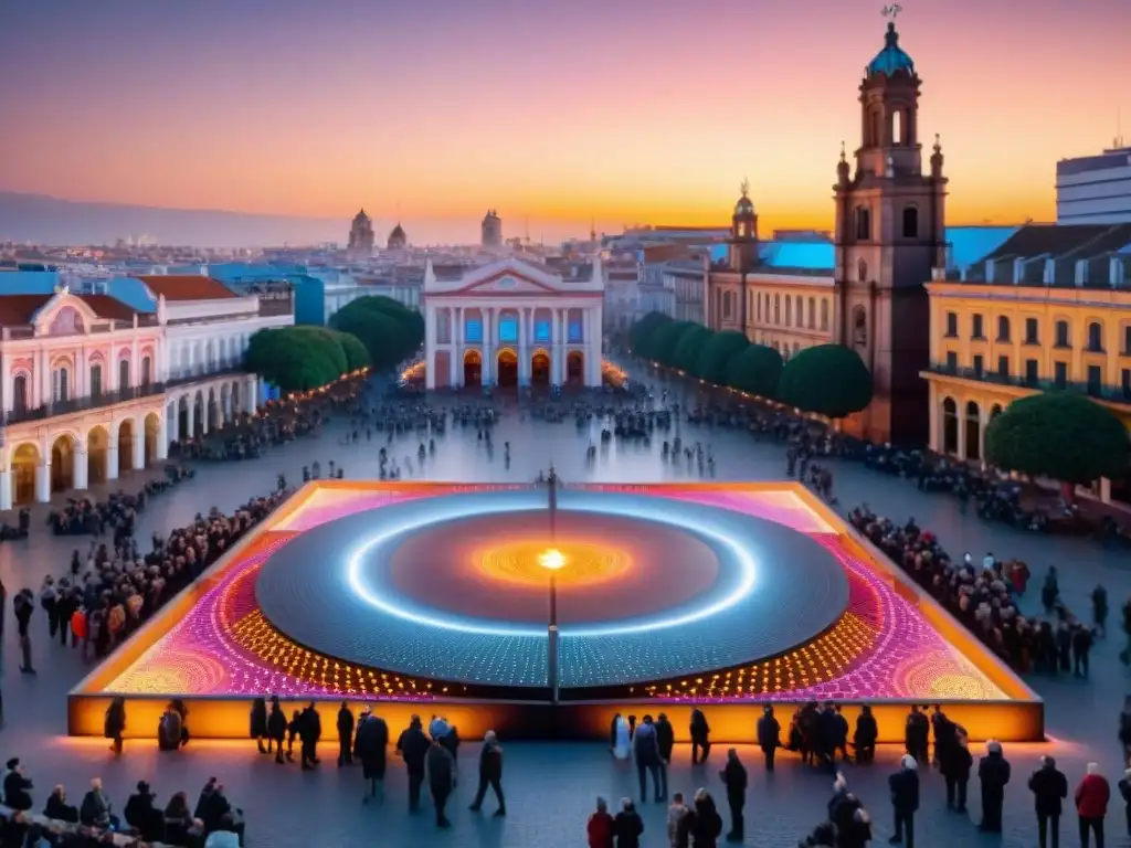 Instalación de arte contemporáneo uruguayo en plaza de ciudad, con patrones geométricos y luces LED vibrantes al atardecer, rodeada de personas diversas en contemplación y diálogo