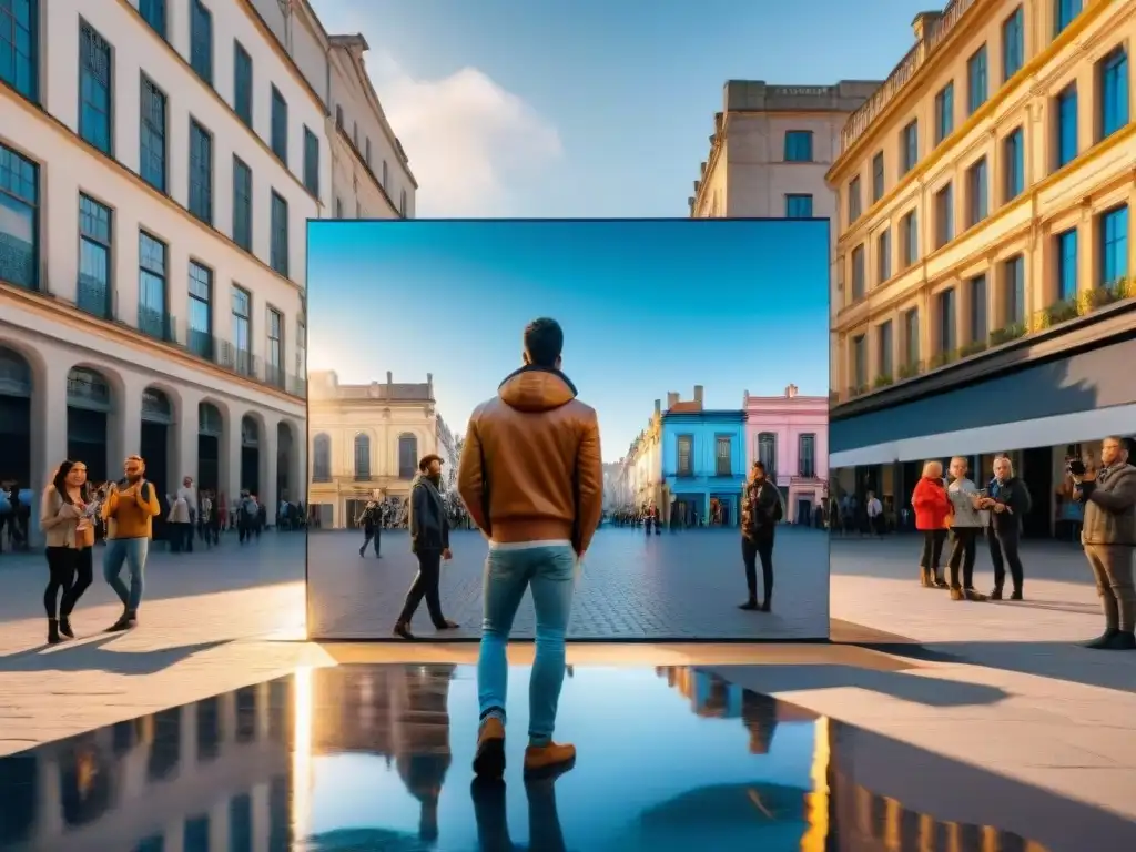 Instalación de arte contemporáneo uruguayo en plaza pública con espejos reflejando la ciudad y personas interactuando