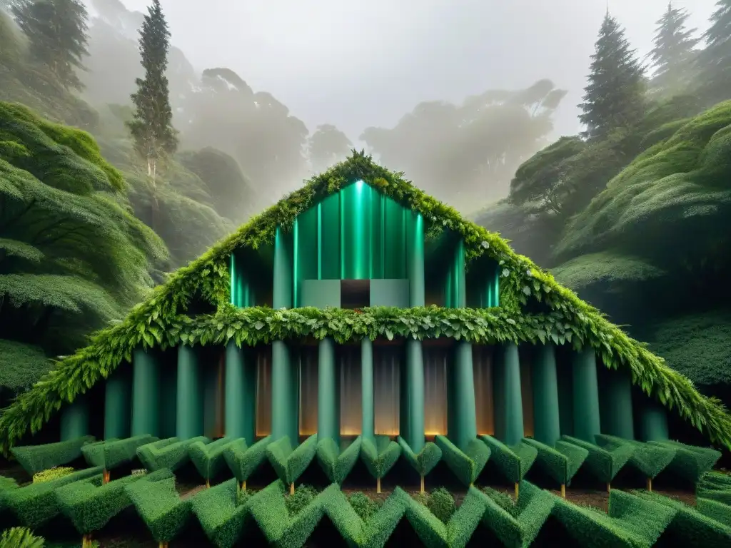 Instalación de arte contemporáneo uruguayo sostenible en bosque verde, fusionando geometría reciclada con entorno natural y luz solar