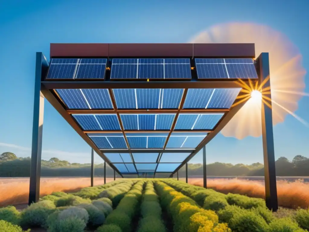 Una instalación de arte contemporáneo uruguayo con energía renovable: una escultura geométrica de paneles solares reflejando colores en un cielo azul