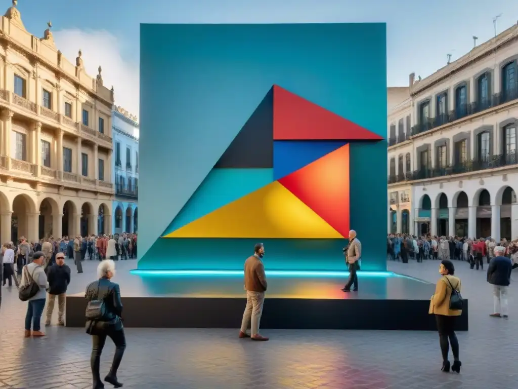 Una instalación de arte contemporáneo vibrante en una plaza urbana de Uruguay, con formas geométricas dinámicas y colores atrevidos