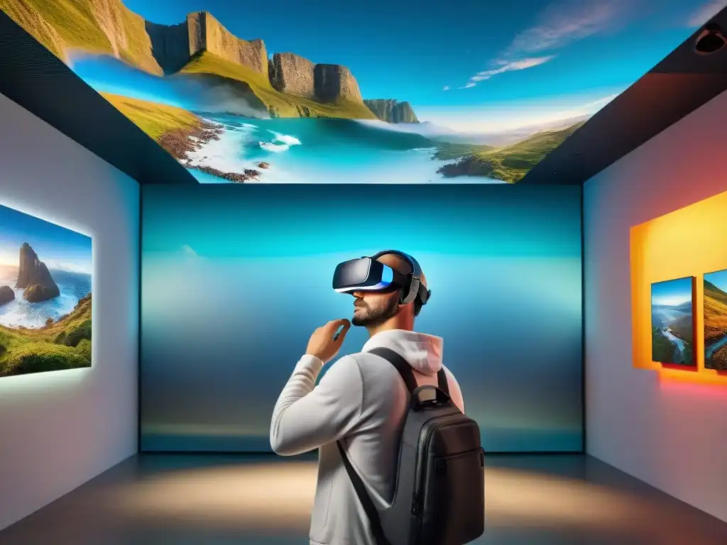 Instalación de arte contemporáneo Uruguay realidad virtual con formas digitales vibrantes y visitantes con visores, en galería inmersiva