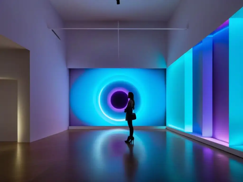 Instalación de arte digital futurista en Uruguay con luces interactivas y patrones geométricos, en contraste con la arquitectura tradicional