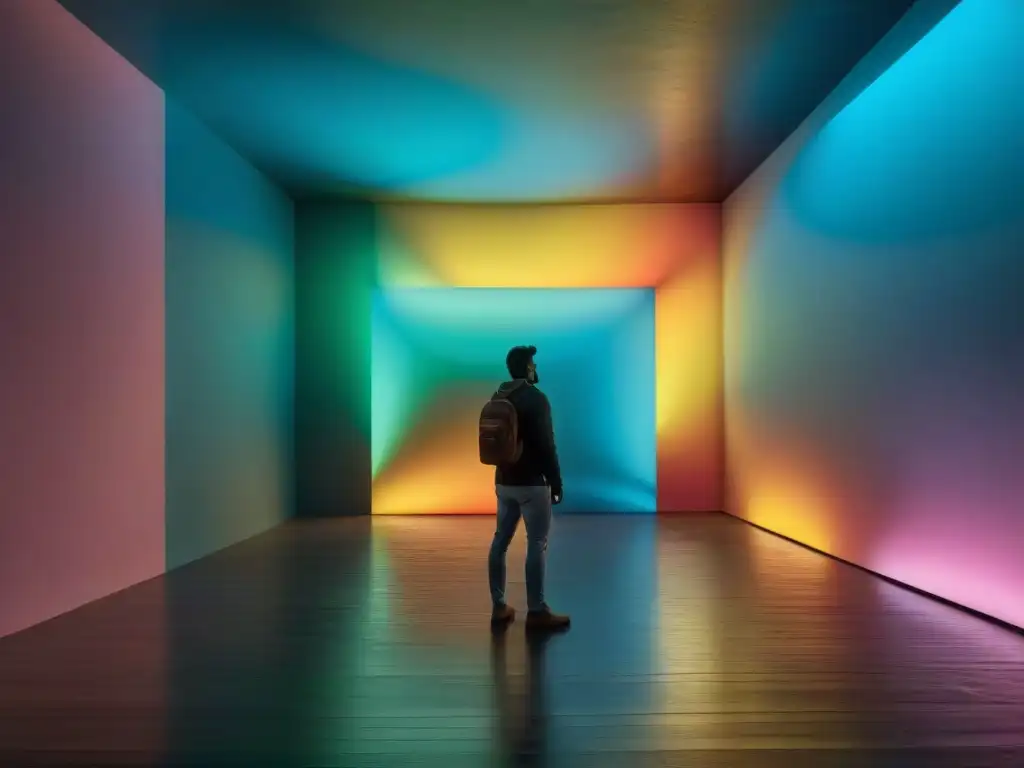 Instalación de arte digital en Uruguay con proyecciones de luz interactivas, creando un espectáculo de colores y formas envolvente