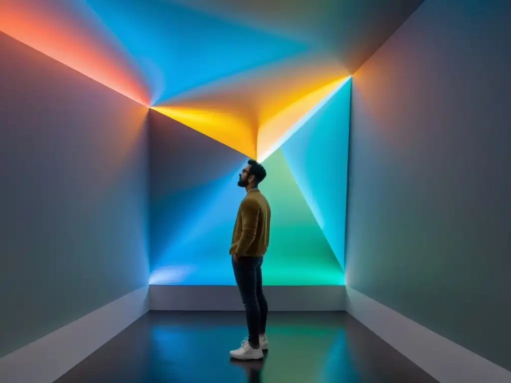 Instalación de arte futurista y vibrante en galería contemporánea, con proyecciones digitales interactivas