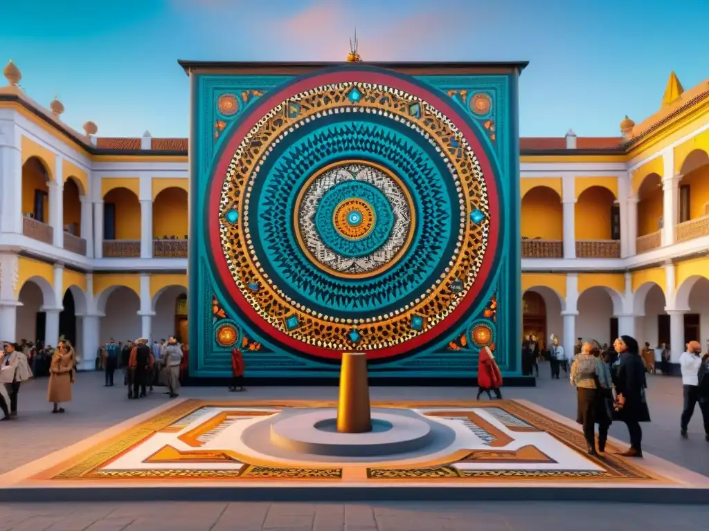 Instalación de arte indígena contemporáneo en plaza uruguaya, fusionando tradición y modernidad con colores vibrantes