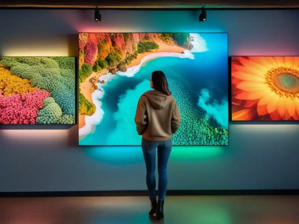 Instalación de arte interactivo en Uruguay, tecnología fusionada con colores vibrantes y patrones intrincados en galería bulliciosa