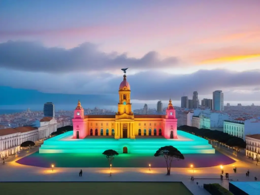 Una instalación de arte moderno vibrante en Uruguay con réplica del Palacio Legislativo, esculturas contemporáneas y vista de Montevideo al atardecer