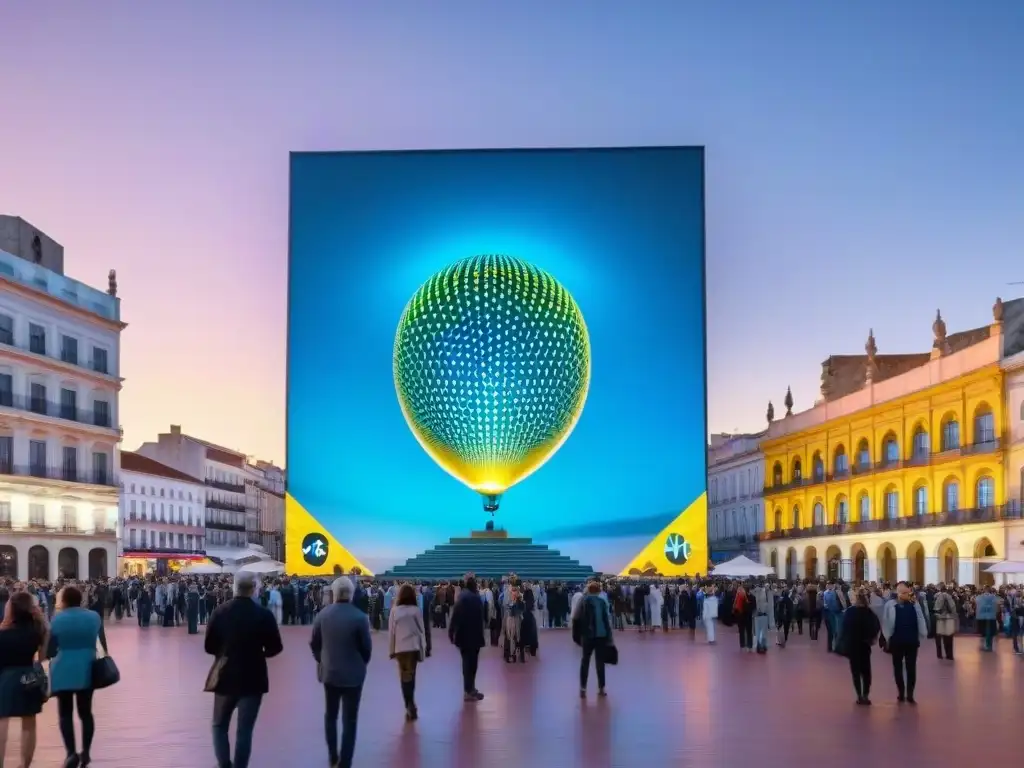 Instalación de arte público en Uruguay: pantallas LED vibrantes muestran patrones geométricos reactivos, fusionando tecnología y arte