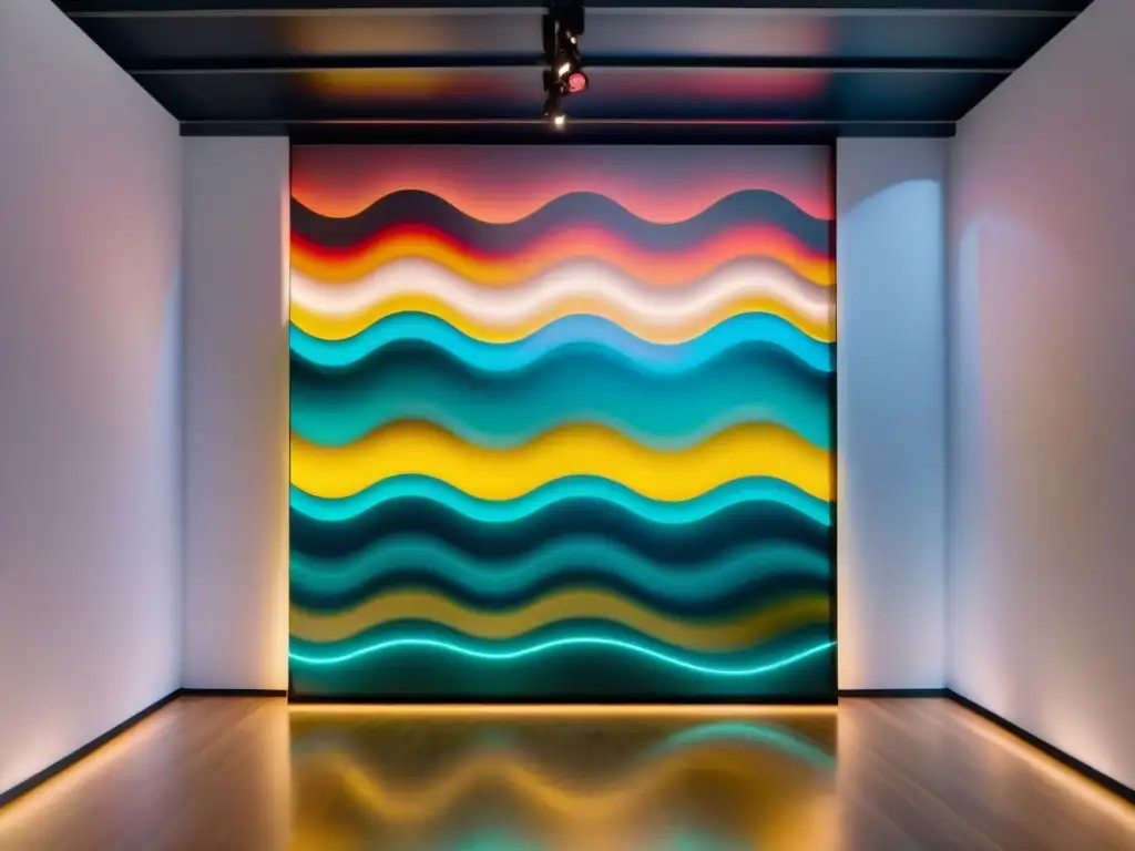 Instalación de arte sonoro contemporáneo en galería uruguaya, con patrones de ondas sonoras y colores vibrantes