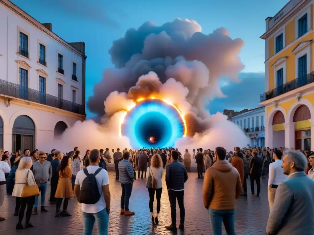 Una instalación de arte sonoro contemporáneo en Uruguay: esculturas interactivas de luz y sonido rodeadas de una multitud diversa y fascinada