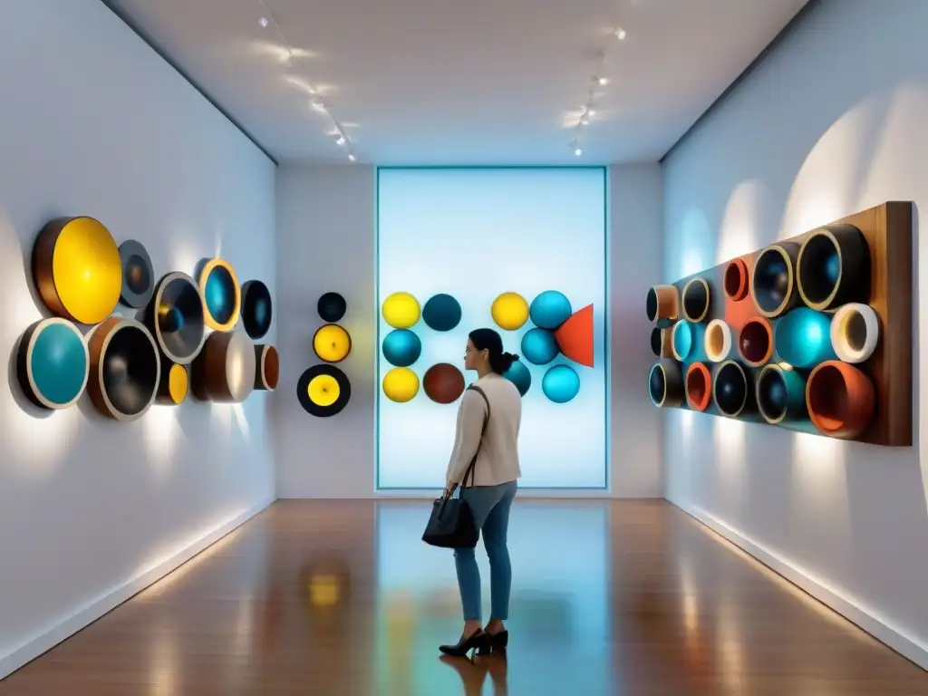 Una instalación de arte sonoro contemporáneo en Uruguay: esculturas sonoras interactivas con materiales variados frente a visitantes