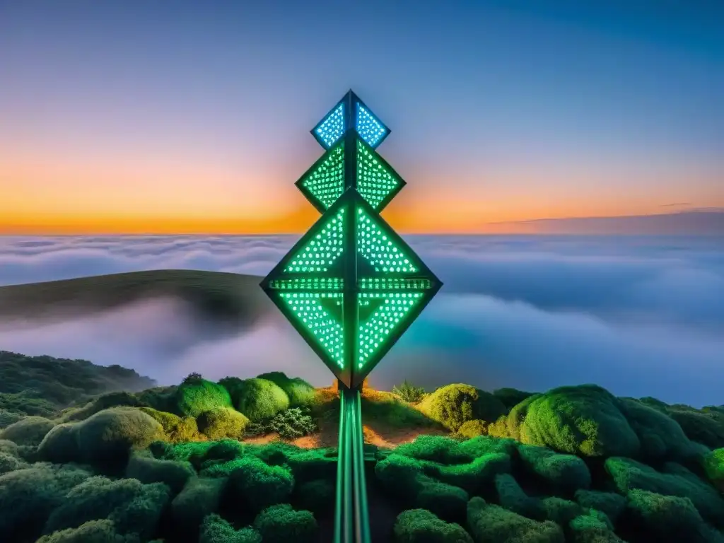 Instalación de arte sonoro en Uruguay: estructuras metálicas y luces neón en atardecer vibrante