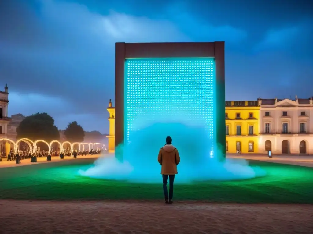 Una instalación artística de tecnología LED en Uruguay fusionando colores vibrantes y patrones intrincados, frente a un edificio histórico