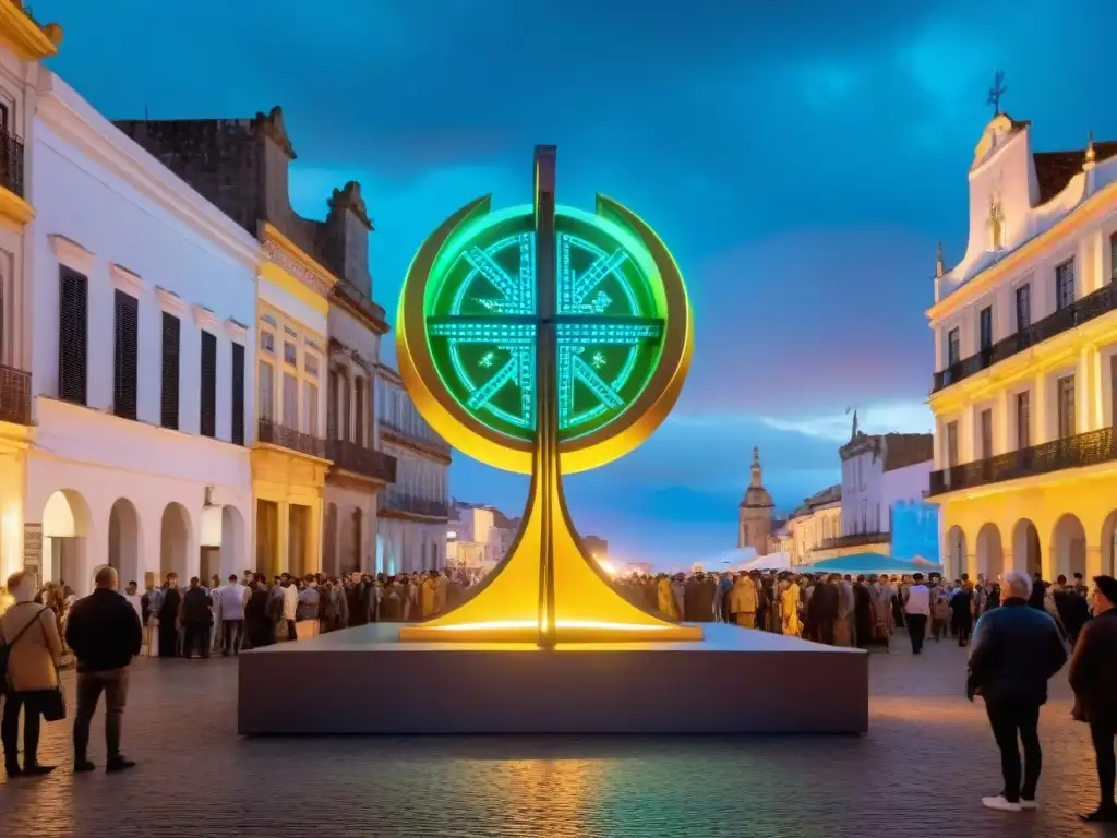 Una instalación artística fusionando historia uruguaya con elementos modernos en una plaza vibrante