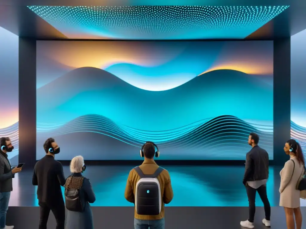 Una instalación sonora futurista en Uruguay con vibrantes colores y ondas de sonido digitales, rodeada de personas interactuando con la obra de arte