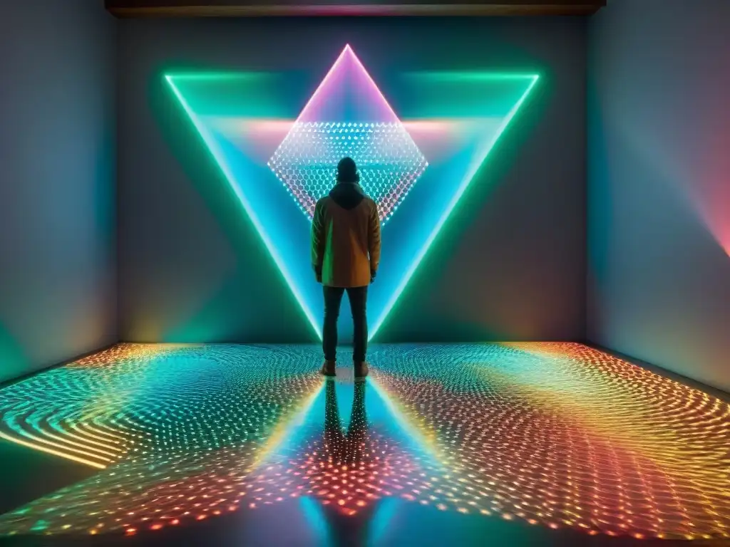 Instalación de ciberarte uruguayo: patrones geométricos holográficos en neon vibrante se fusionan en una galería futurista