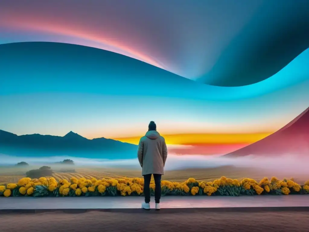 Instalación de video arte contemporáneo en Uruguay, colores vibrantes y formas abstractas se fusionan en movimiento fluido