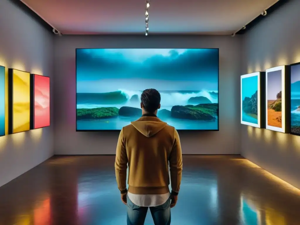 Instalación de videoarte en galería de arte contemporáneo en Uruguay, cautivando a los espectadores con obras vibrantes y dinámicas