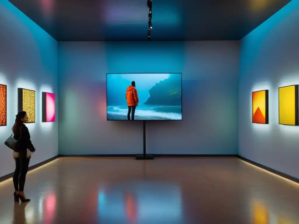 Instalación de videoarte en galería uruguaya con colores vibrantes y formas abstractas, reflejando la innovación del arte visual en Uruguay