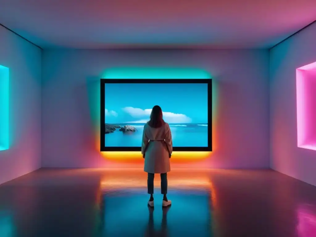 Una instalación de videoarte contemporáneo en Uruguay con pantallas digitales interactivas y diseño minimalista futurista