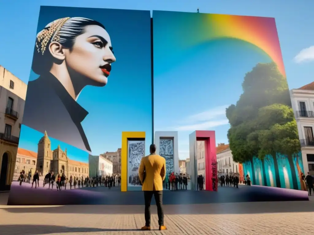 Instalaciones de arte contemporáneo en Uruguay: escultura espejada reflejando la ciudad, grafitis vibrantes y diálogo comunitario en plaza urbana