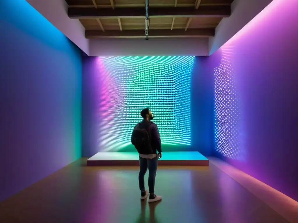 Instalaciones de arte digital en Uruguay: Experiencia inmersiva con proyecciones de luz y patrones geométricos en galería