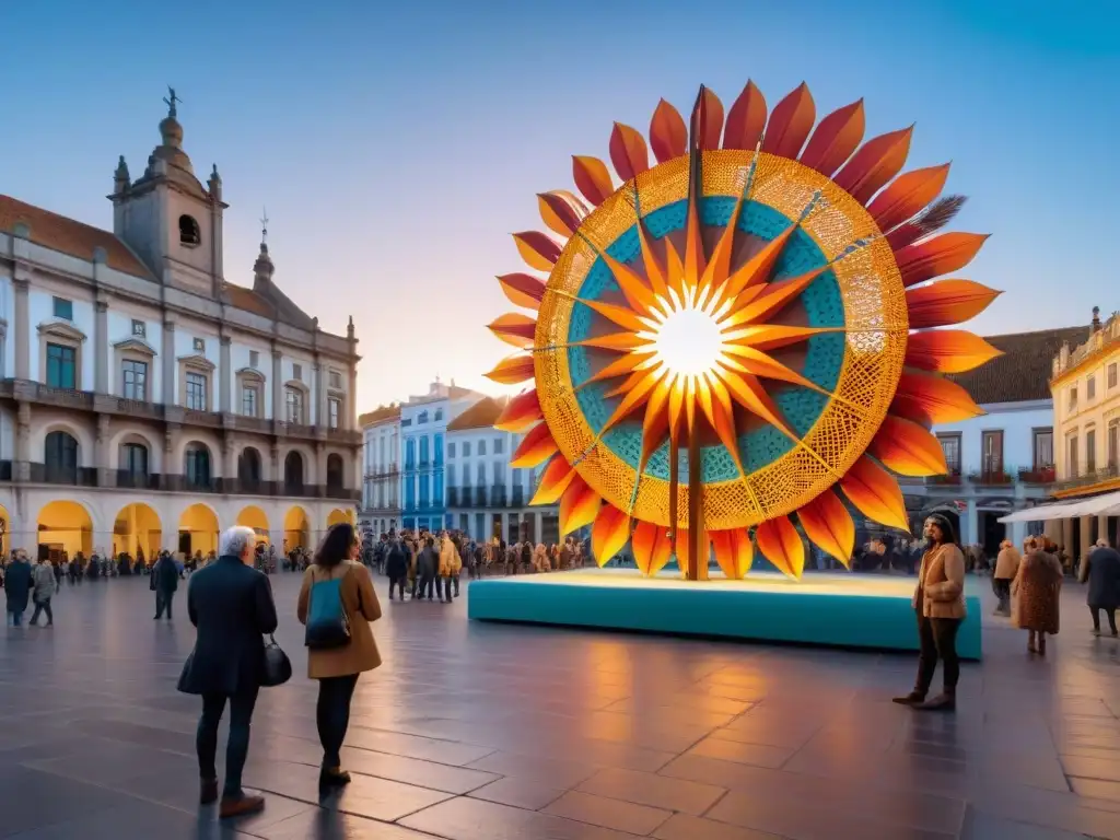 Instalaciones artísticas en Uruguay: Esculturas de vida silvestre tejidas con hilos coloridos en plaza urbana al atardecer