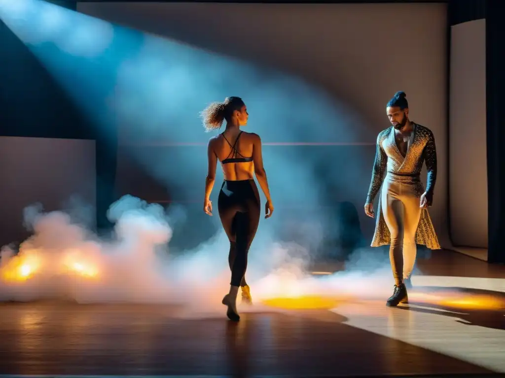 Intensa danza contemporánea en Uruguay: grupo de bailarines en movimiento fluido y luces dramáticas en escena