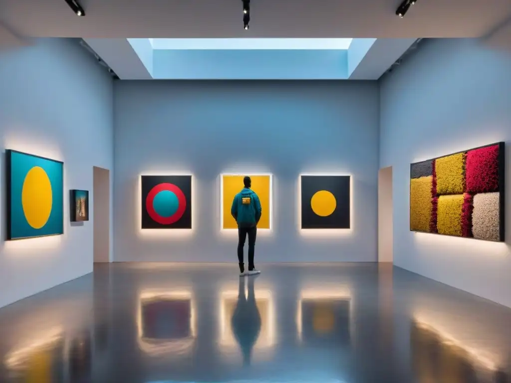 Interior minimalista de galería de arte contemporáneo en Uruguay con instalación de espejos y obras vibrantes