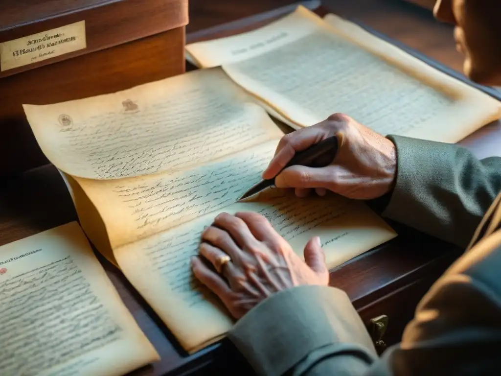 Un investigador joven y curioso examina documentos antiguos en un archivo histórico, desvelando misterios del arte contemporáneo uruguayo