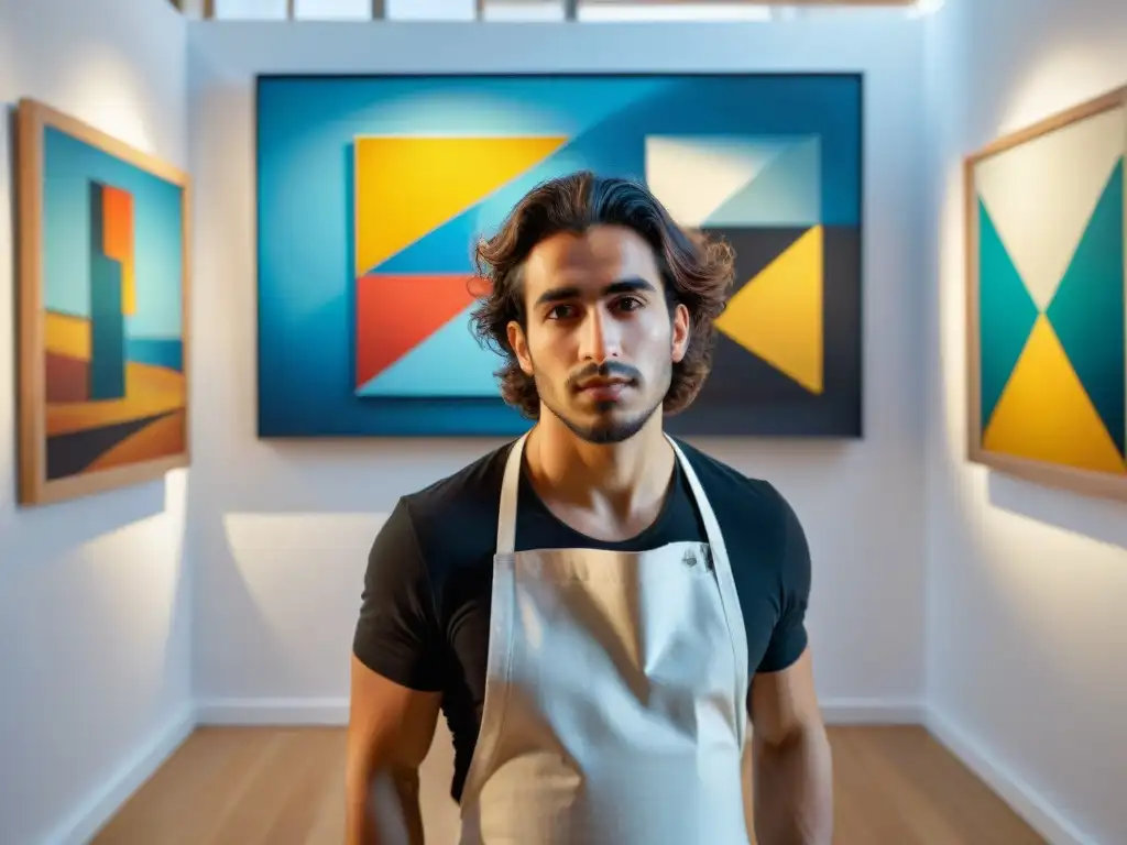 Joven artista uruguayo en galería de arte contemporáneo, rodeado de pinturas abstractas inspiradas en movimientos europeos como Cubismo y Surrealismo