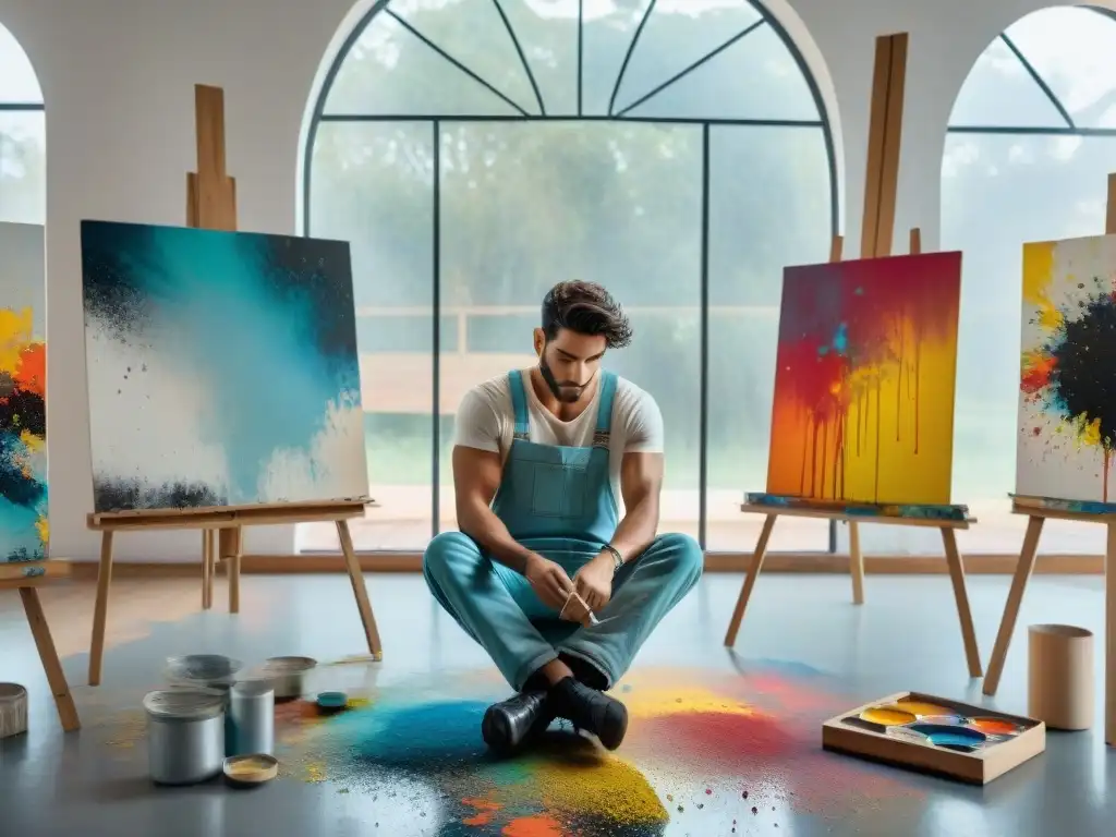 Joven artista uruguayo en estudio creativo rodeado de obras abstractas, pintura y luz natural, reflejando la energía de artistas emergentes en Uruguay