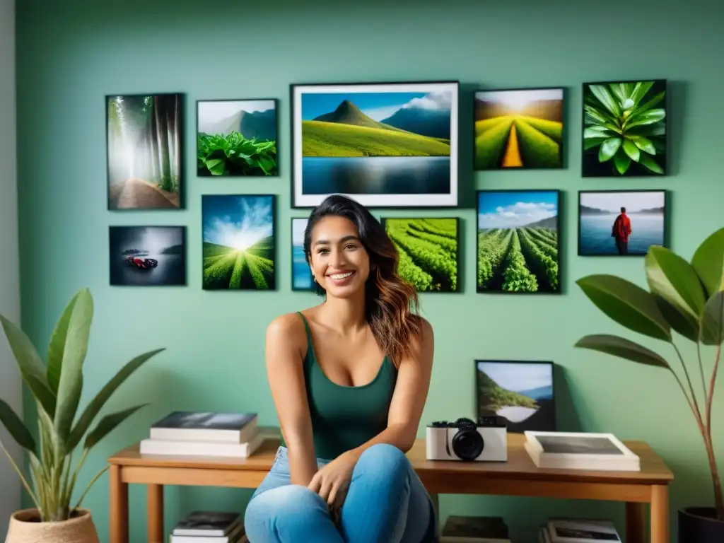 Joven fotógrafa uruguaya en estudio luminoso rodeada de arte contemporáneo, inspiración y dedicación