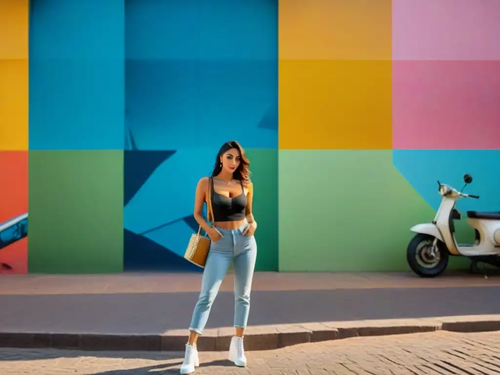 Joven fotógrafa uruguaya frente a mural colorido en Montevideo