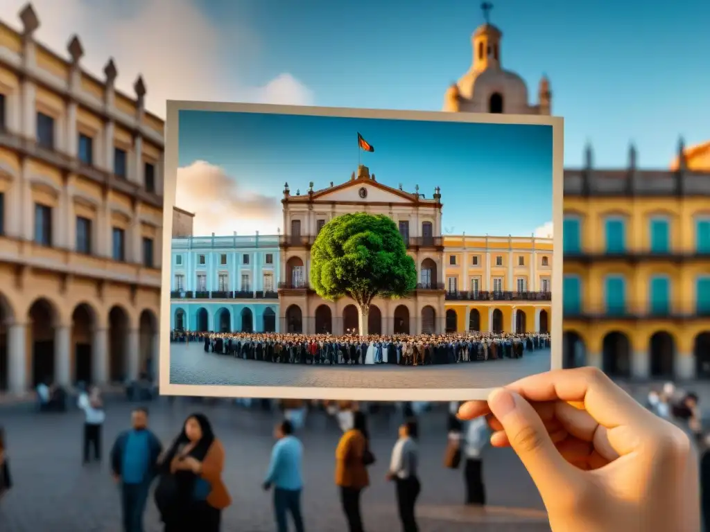 Una joven capturando la historia uruguaya en una plaza histórica, rodeada de ciudadanos diversos y fotos antiguas