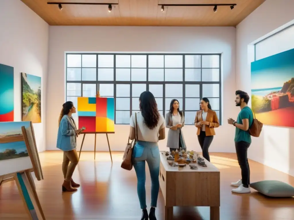 Jóvenes artistas uruguayos colaborando en estudio vibrante durante el Curso de apreciación artística en Uruguay