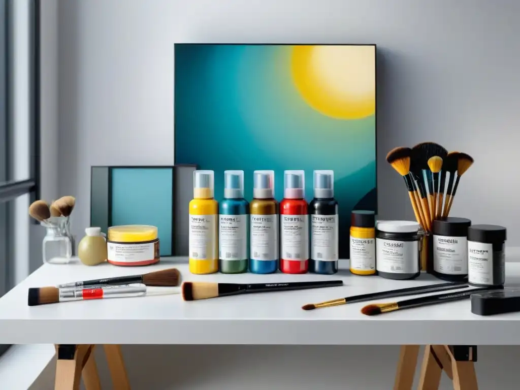 Un kit de arte contemporáneo en casa con vibrantes pinturas acrílicas, pinceles de alta calidad y una paleta, sobre una mesa blanca