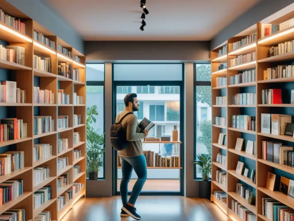 Librería moderna en Uruguay con libros de arte contemporáneo, decoración minimalista y clientes explorando las novedades