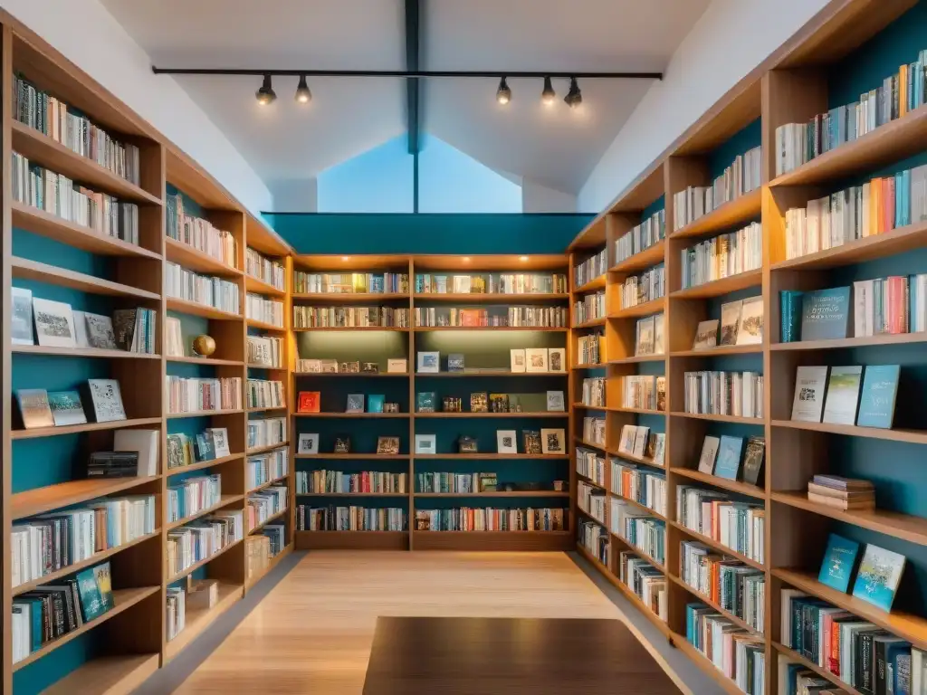 Una librería vibrante y moderna en Uruguay con libros de arte contemporáneo, pinturas abstractas y estantes minimalistas