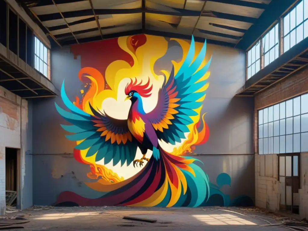 Un majestuoso fénix resurge en un mural vibrante, simbolizando la revitalización de espacios abandonados en Uruguay